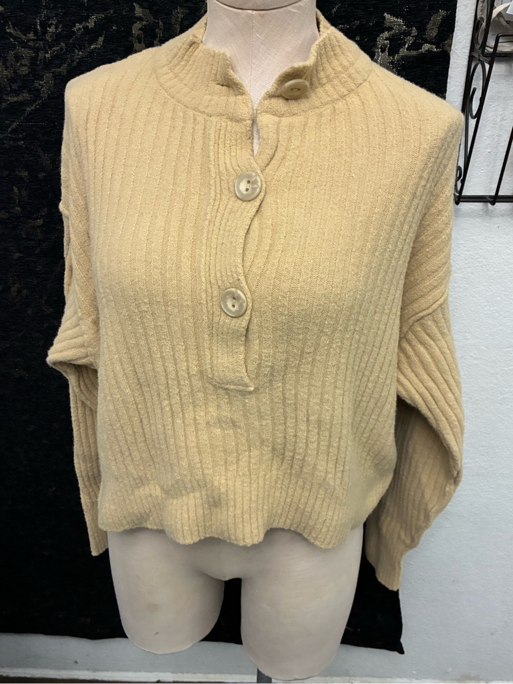 Free People Cropped Ribbed Henley Sweater in Pale Yellow